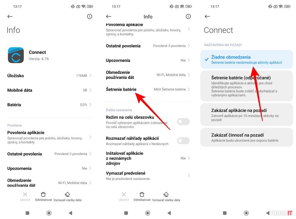 Nastavenie optimalizácie batérie pre aplikáciu Garmin Connect v telefóne Xiaomi