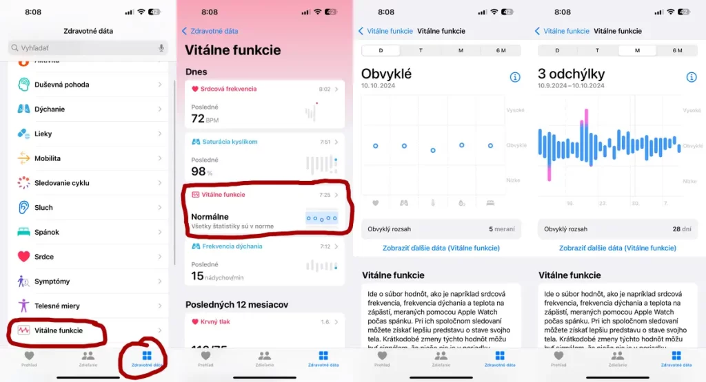 Vitálne funkcie v aplikácii Apple Zdravie