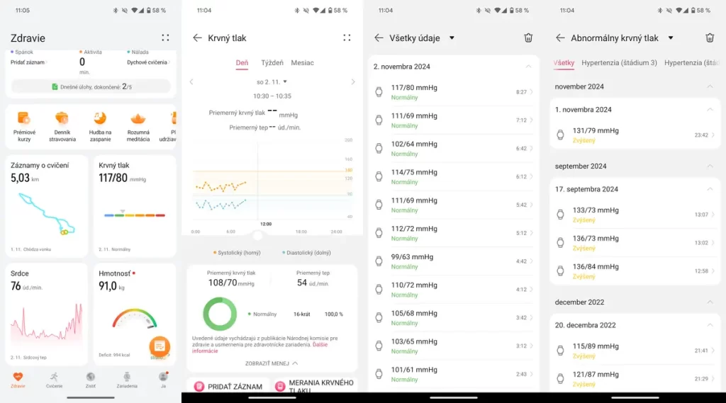 Výsledky merania tlaku pomocou Huawei Watch D2 v aplikácii Huawei Health